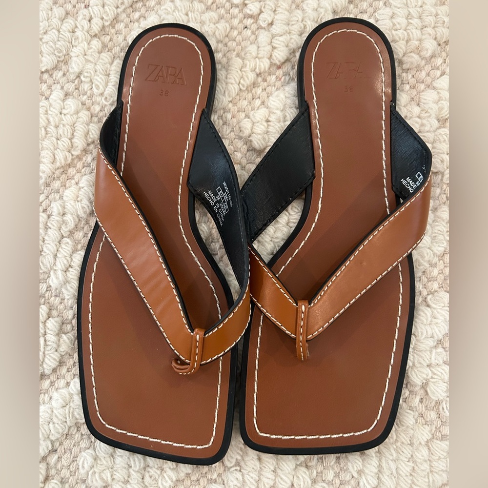 Zara Camel Square-toed Thong Sandals